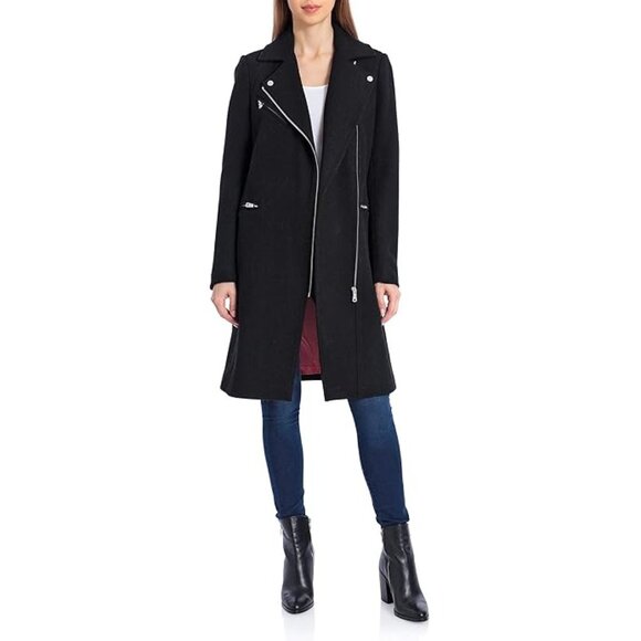 Avec Les Filles A-Line Twill Moto coat small black zippers wool biker long - Picture 2 of 12